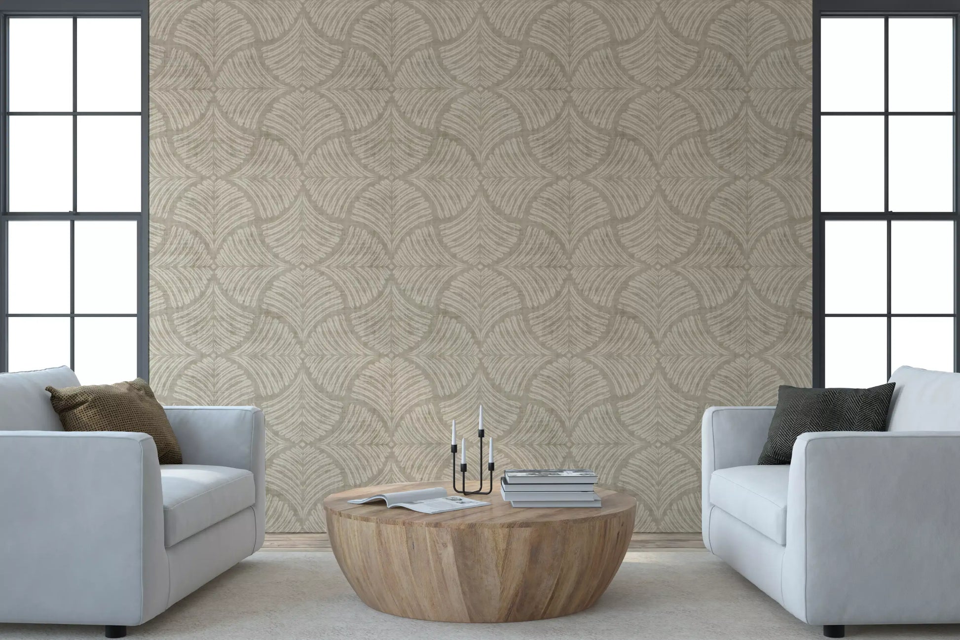 Light ageing adds depth to the Sand Beige Textured Scallops Fan wallpaper surface