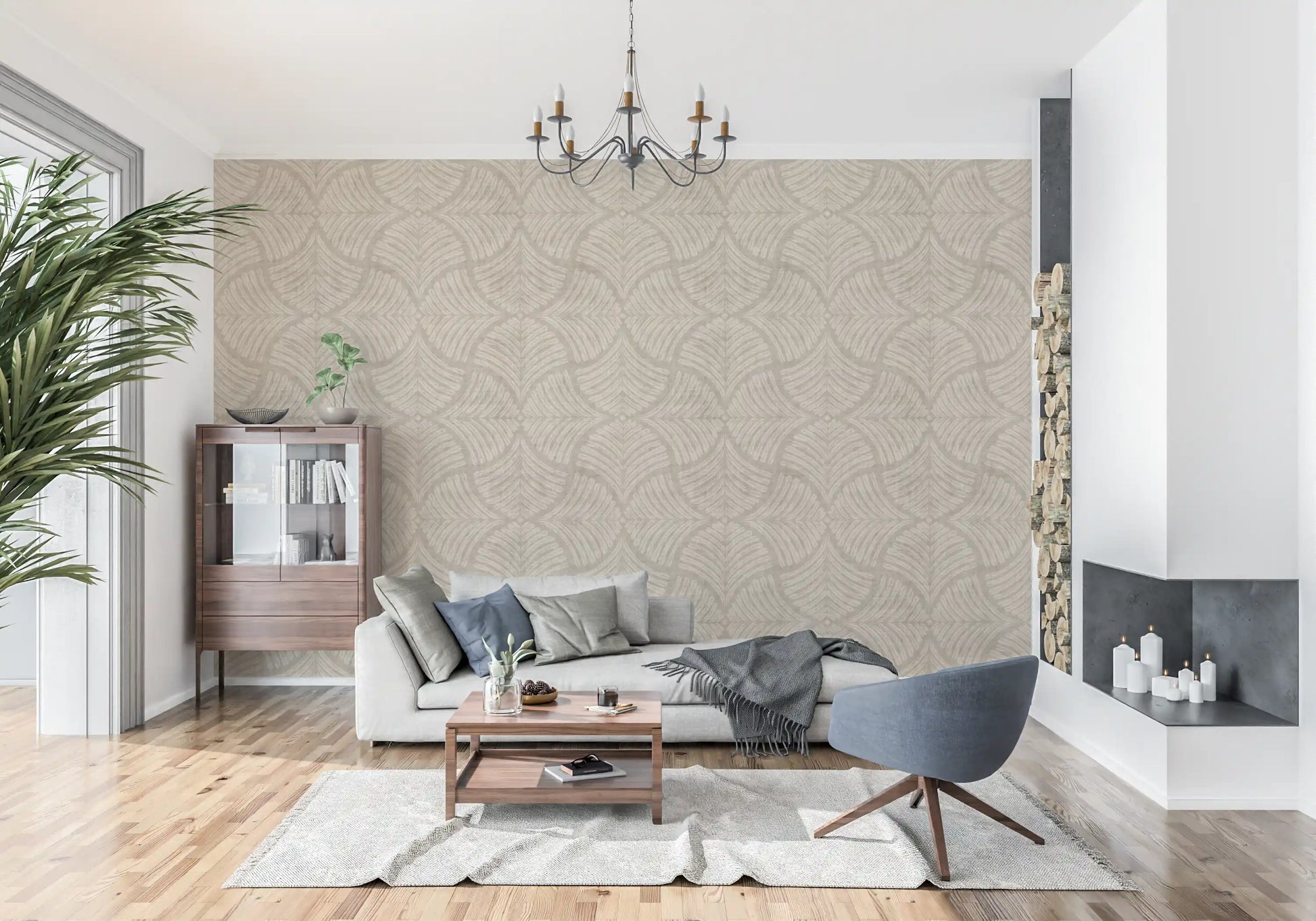 An airy living room layered with the warm Sand Beige Scallops Fan wallpaper.