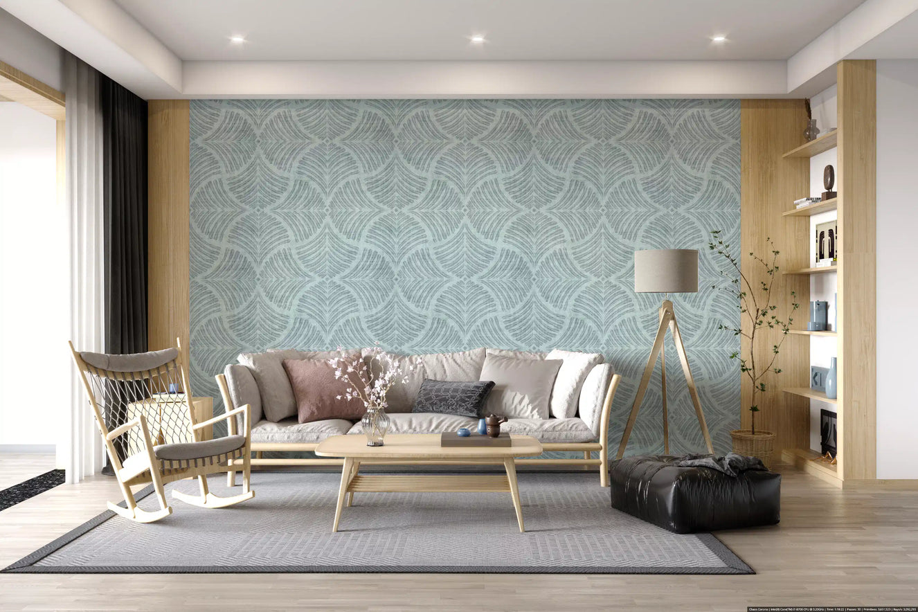 Japandi calm fills the living room with muted blue scallop fan wallpaper
