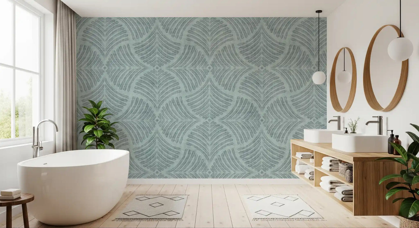 Bathroom wrapped in dusty blue fan scallop wallpaper with a textured ground