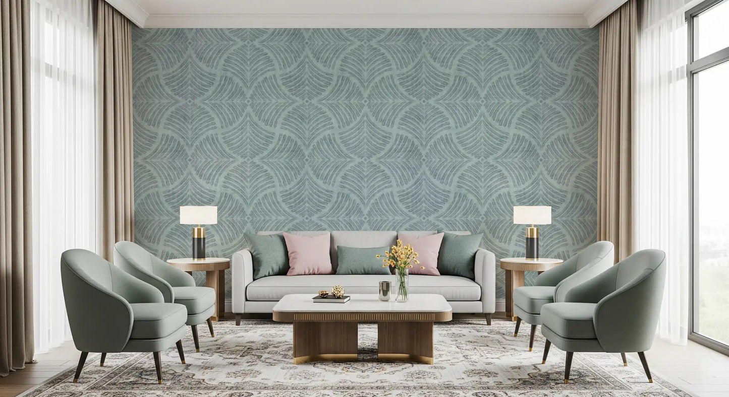 Feathered blue fan scallop wallpaper with a textured, linen-like ground