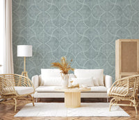 Japandi scallop fan wallpaper showing muted blue tones and a pale ground