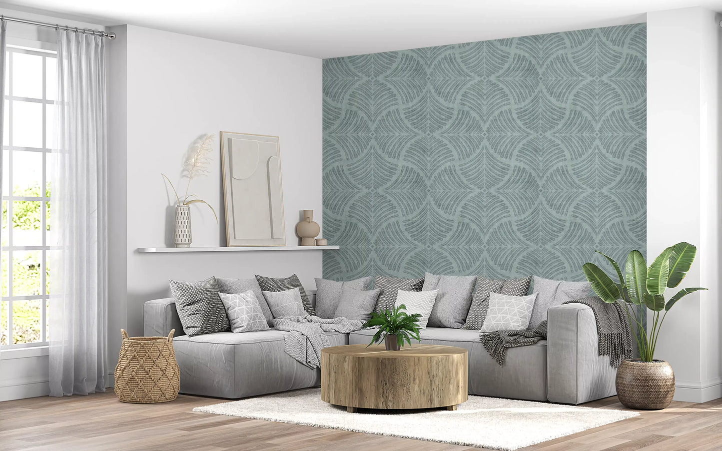 Fine brush-like lines build each fan on this muted blue textured wallpaper