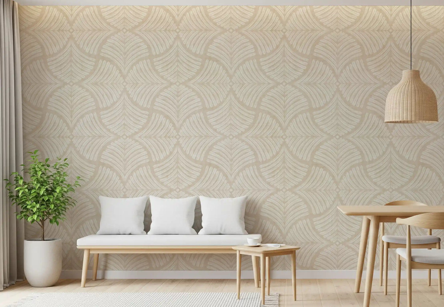 Warm Cream Textured Scallops Fan Japandi Minimalist Wallpaper⁠