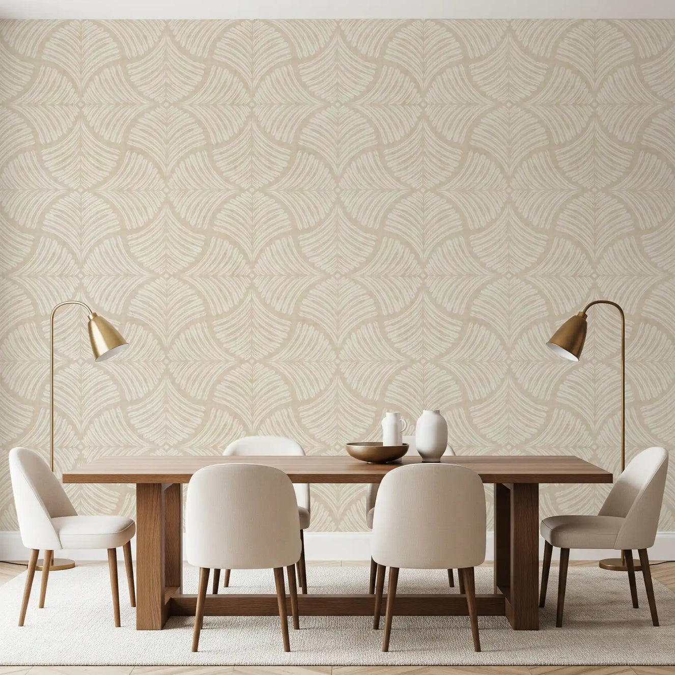 Warm cream scallop fan wallpaper wraps a calm Japandi dining room.