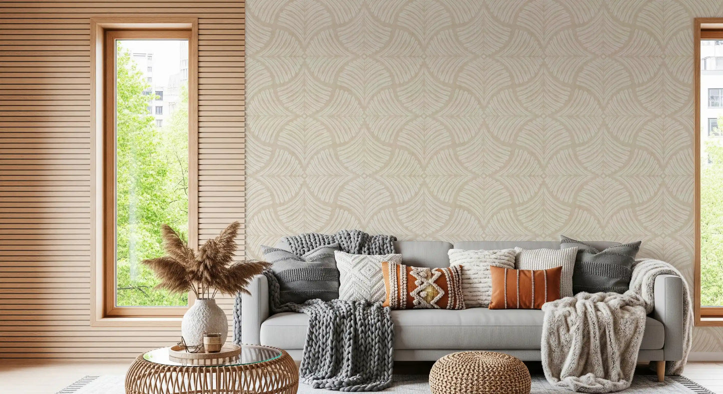 Warm Cream Textured Scallops Fan Japandi Minimalist Wallpaper⁠