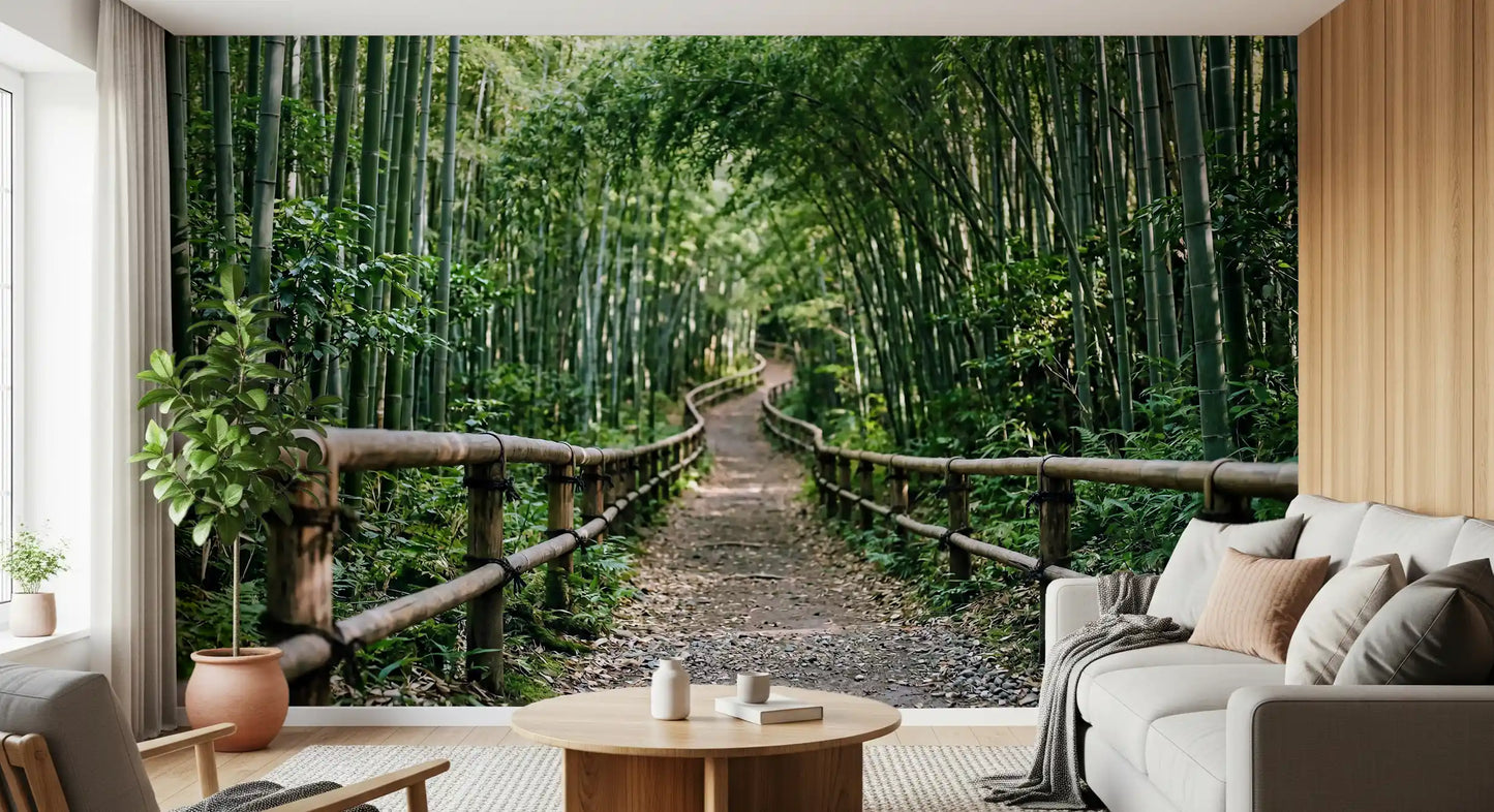 Filtered light and bamboo greens refresh this Living room in a forest wall mural.