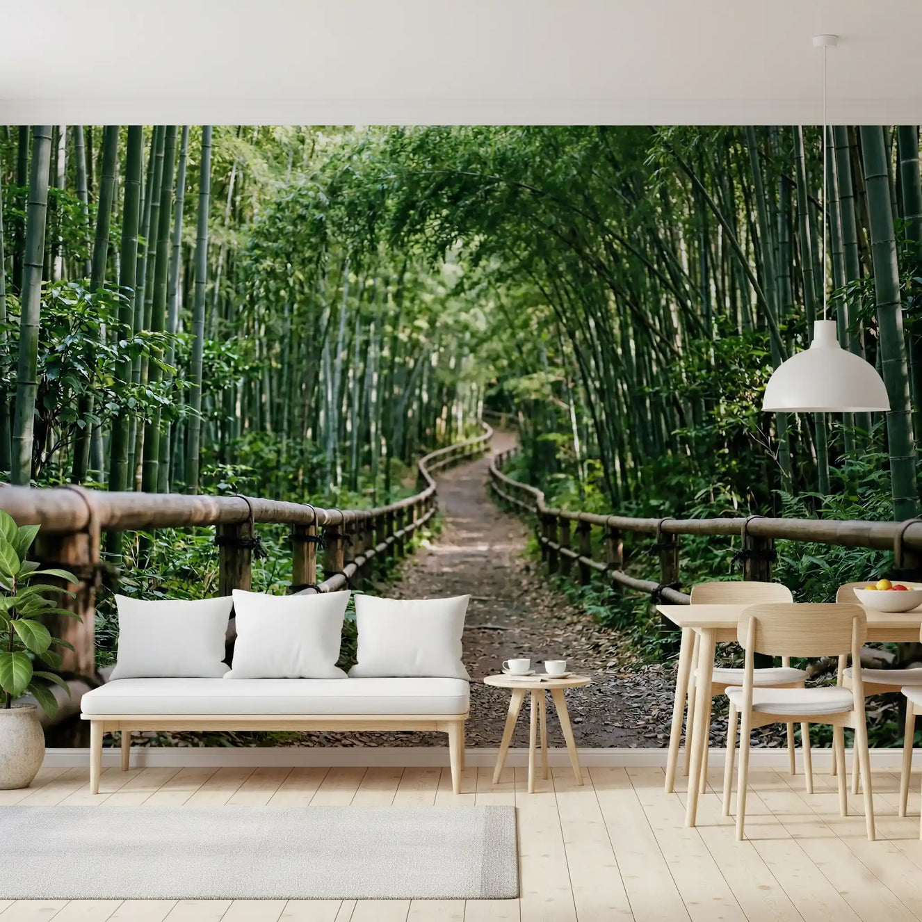 A bamboo forest path opens up this living room with calming green wall mural depth.