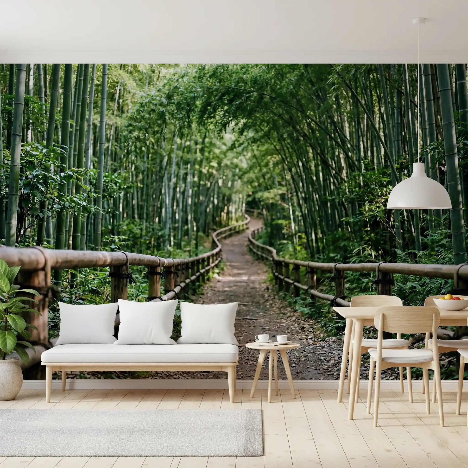 A bamboo forest path opens up this living room with calming green wall mural depth.