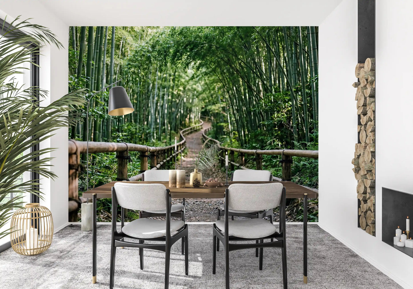 A low timber railing follows the trail in this bamboo forest wall mural.
