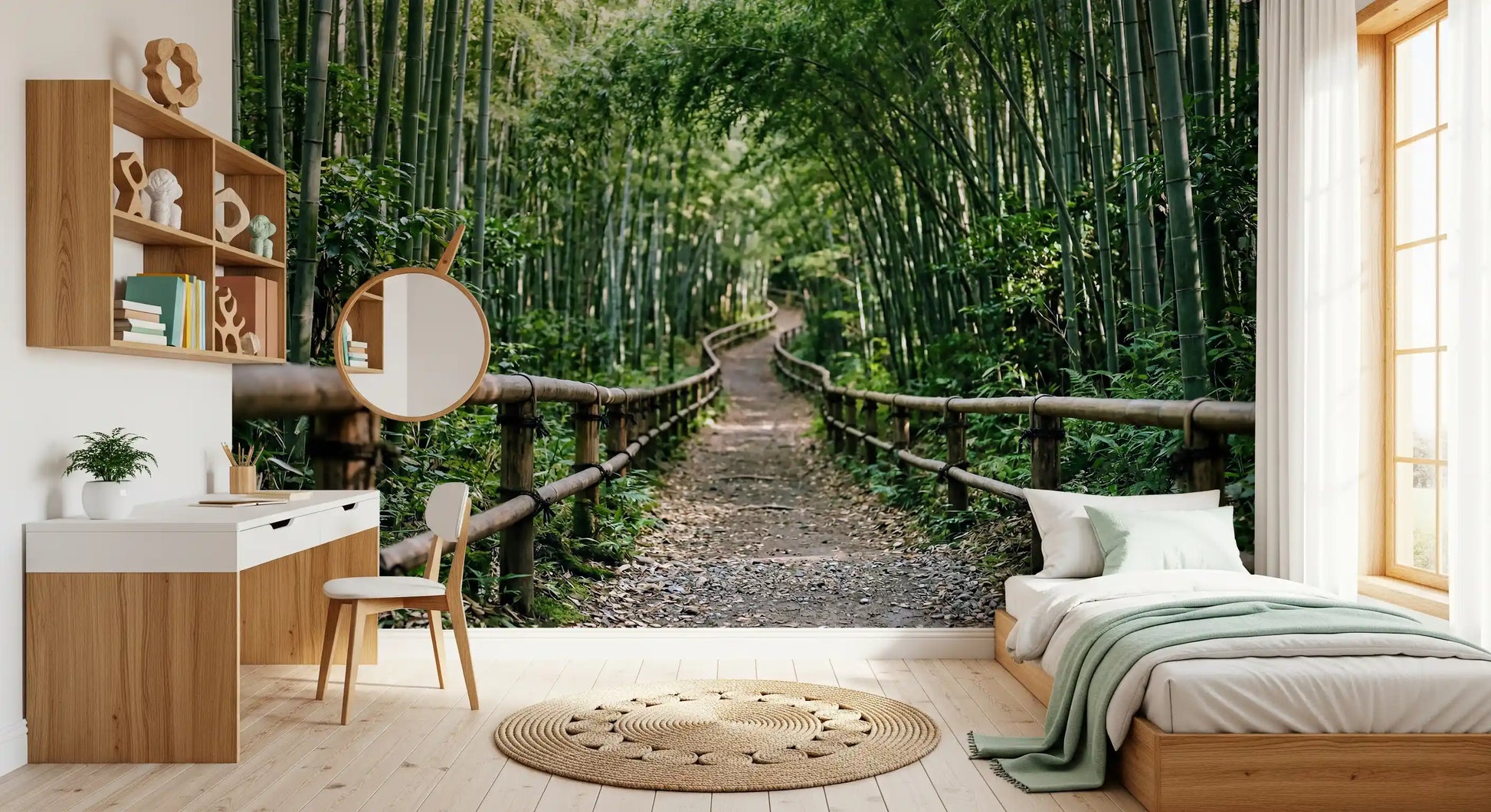 Tall stalks arch overhead and frame the path in this bamboo wall mural.