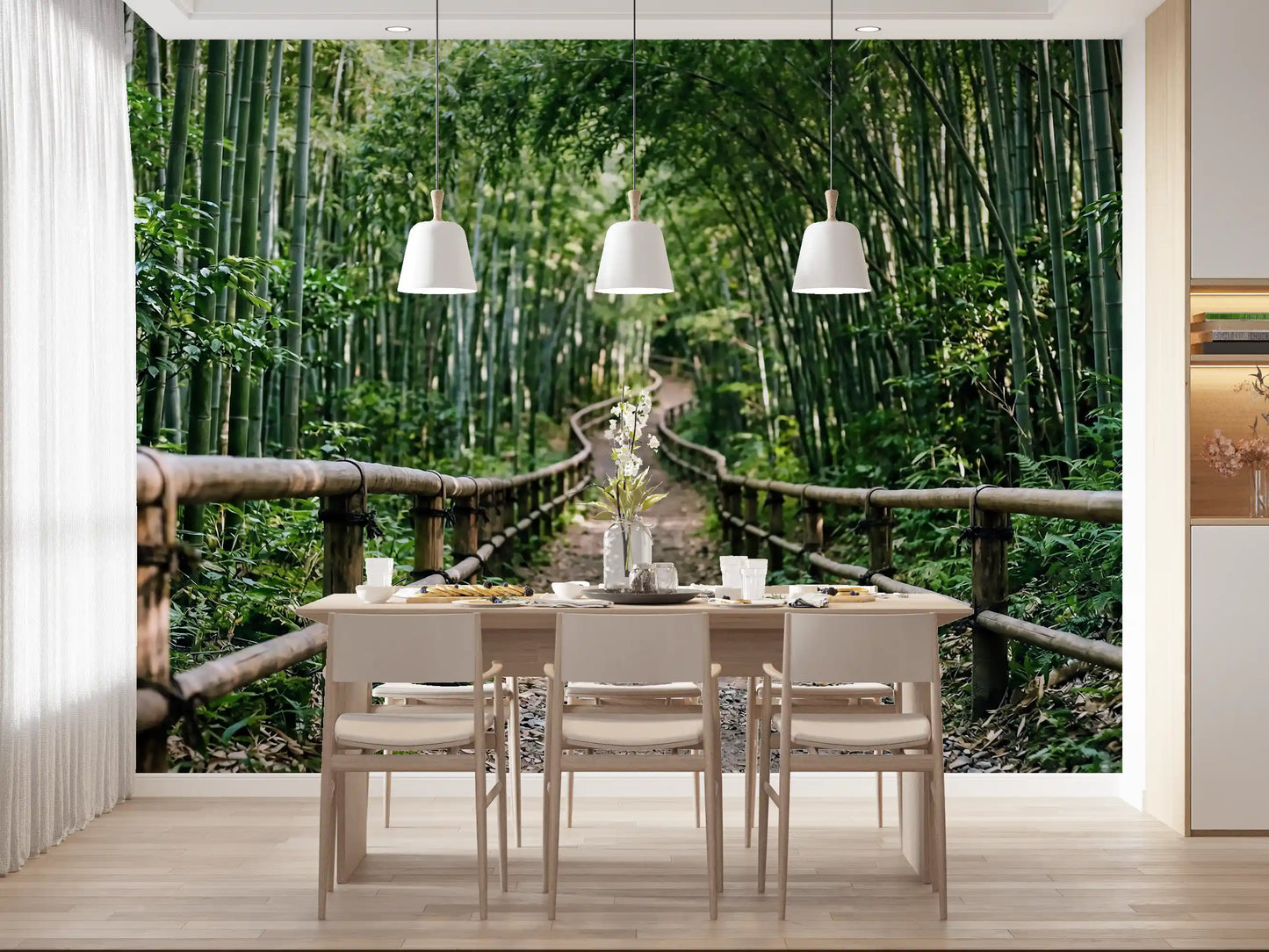Quiet forest greenery suits this Dining room  through a bamboo path wall mural.
