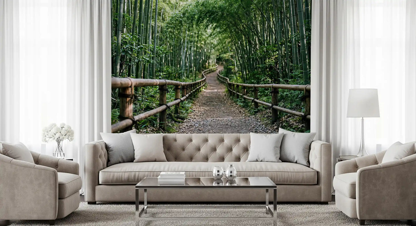 Winding bamboo trail scenery sets a fresh tone in this dining room wall mural.