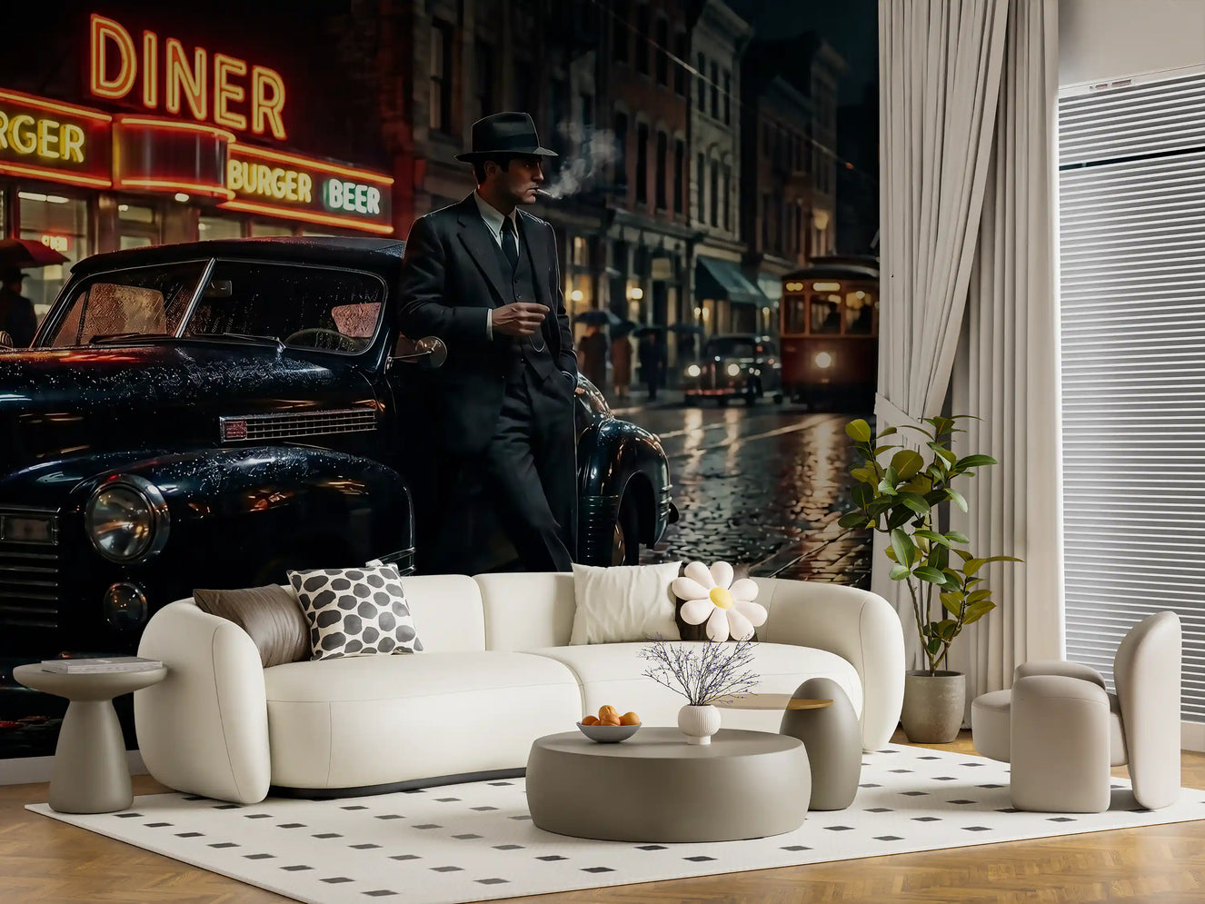 Moody lounge area highlighted by this striking City wall mural.