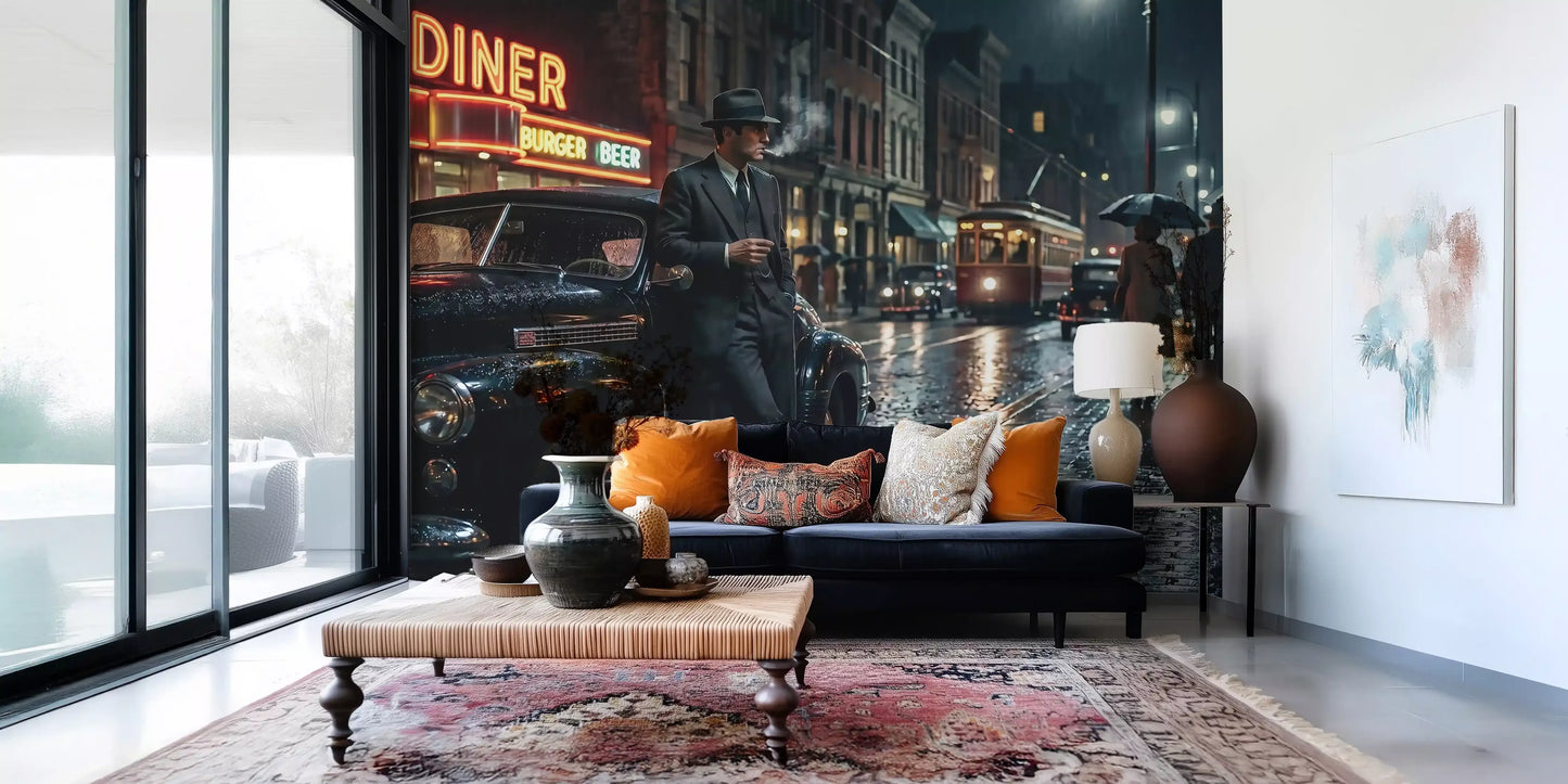 Wet cobblestones reflect beautifully across the Rainy City Noir Wall Mural.