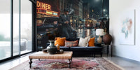 Wet cobblestones reflect beautifully across the Rainy City Noir Wall Mural.