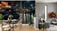 Modern dining room displaying the Rainy City Noir Wall Mural.