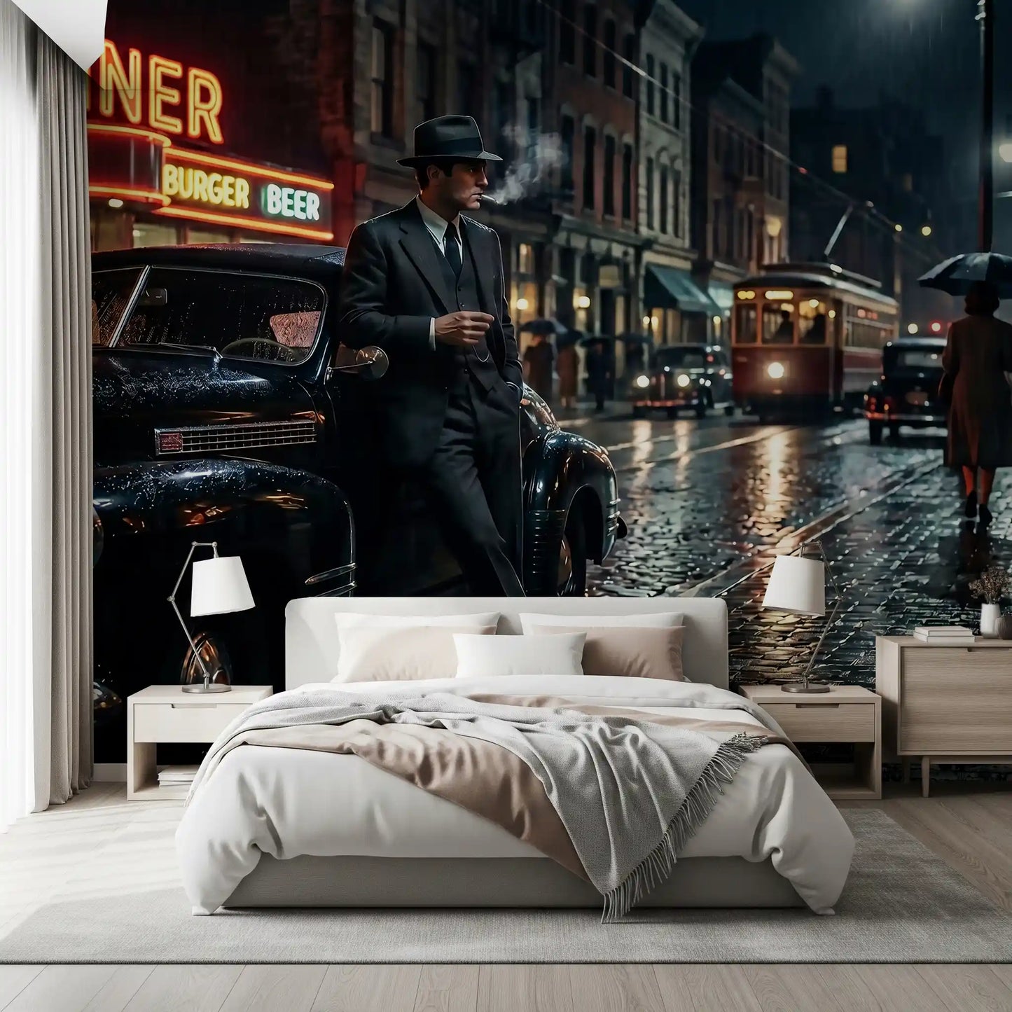 Cozy bedroom setting utilizing the Rainy City Noir Wall Mural.