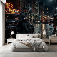 Cozy bedroom setting utilizing the Rainy City Noir Wall Mural.
