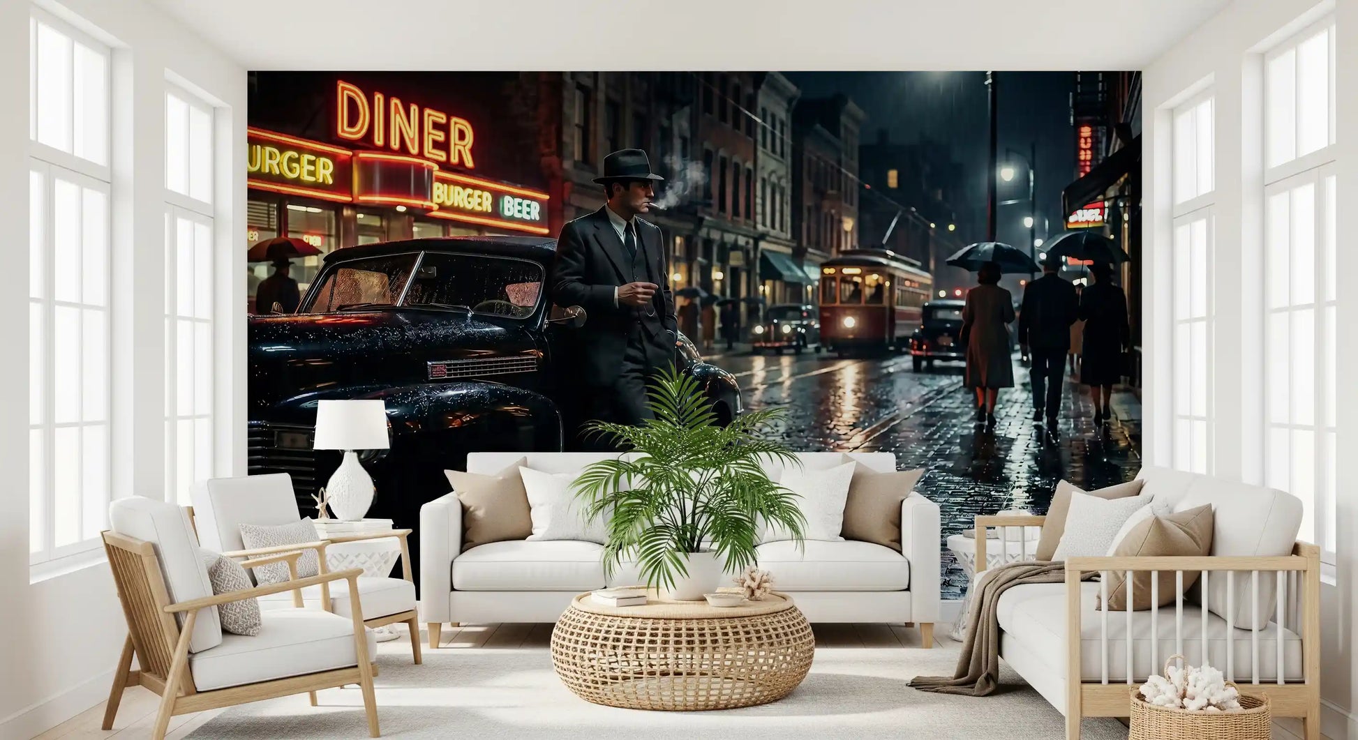 Living room sitting area framing a dramatic City wall mural.