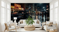 Living room sitting area framing a dramatic City wall mural.