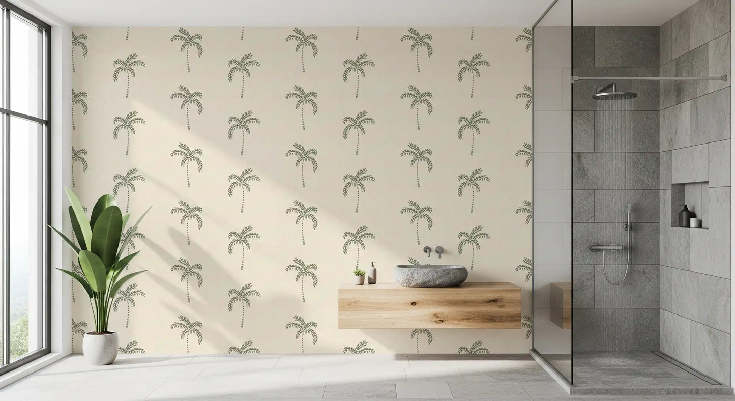 Bathroom layout highlighting the fresh Tropical Palms Wallpaper.