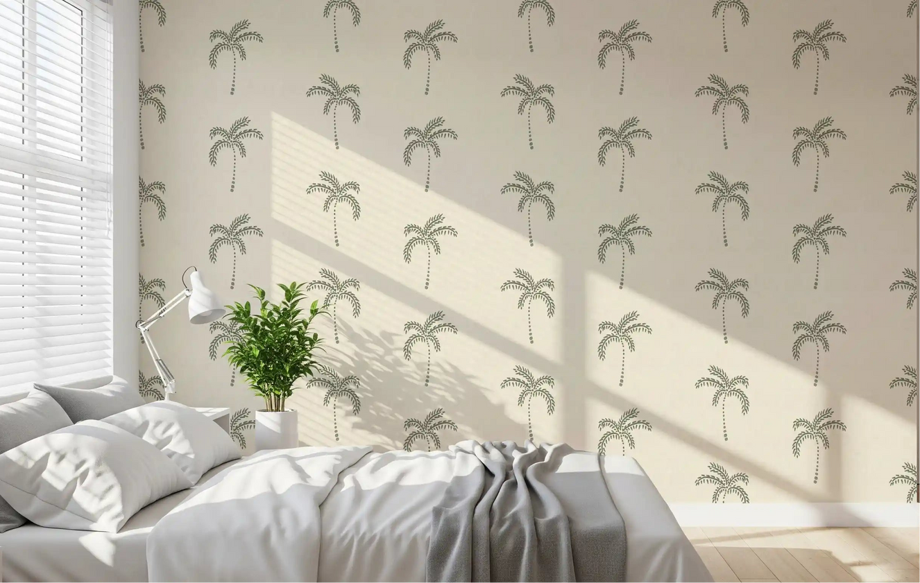 Bedroom interior styled with the lovely Tropical Palms Wallpaper.