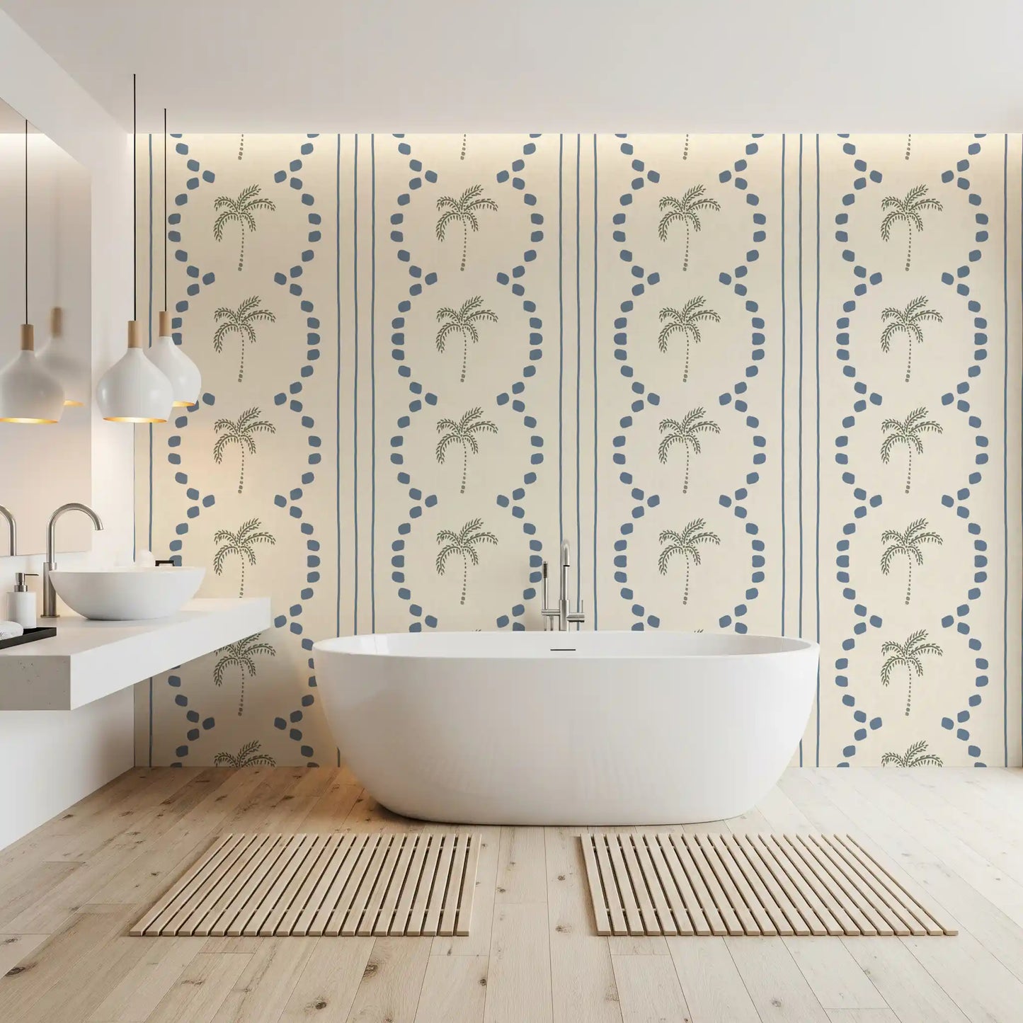 Bright bathroom atmosphere using the Tropical Palm Deco Stripes Slate Blue Wallpaper.