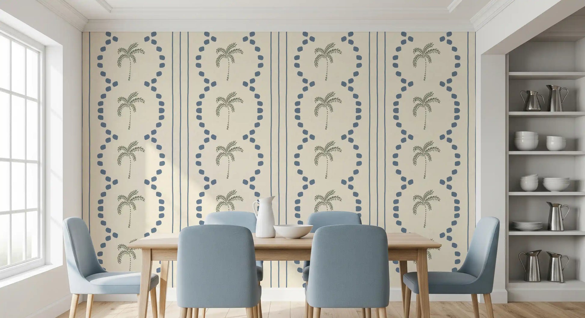 Precise botanical structure revealing the Tropical Palm Deco Stripes Slate Blue Wallpaper.