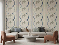 Large living room enhanced by the Tropical Palm Deco Stripes Slate Blue Wallpaper.