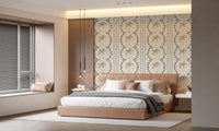 Inviting guest room background completed beautifully with a geometric Stripes wallpaper.