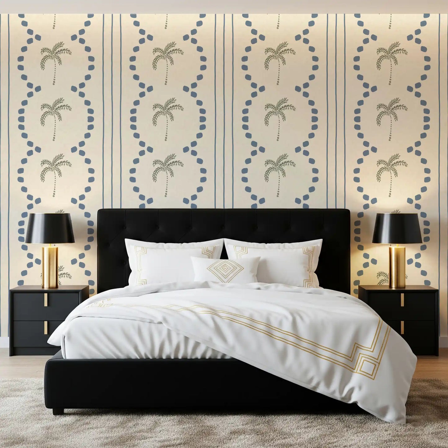 Peaceful bedroom setting covered completely in a symmetrical Tropical wallpaper.