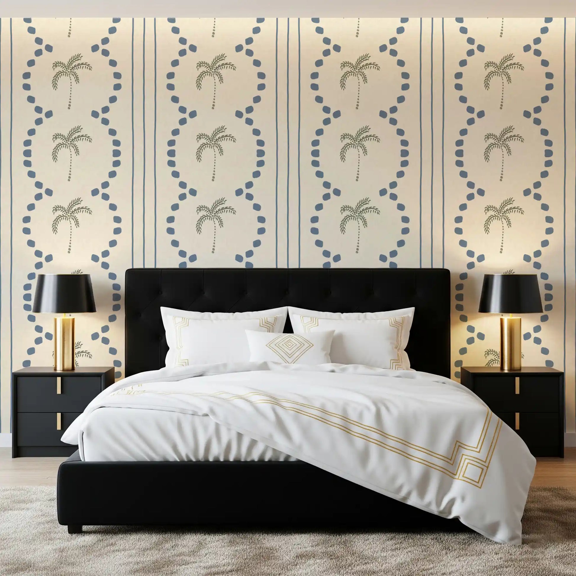 Peaceful bedroom setting covered completely in a symmetrical Tropical wallpaper.