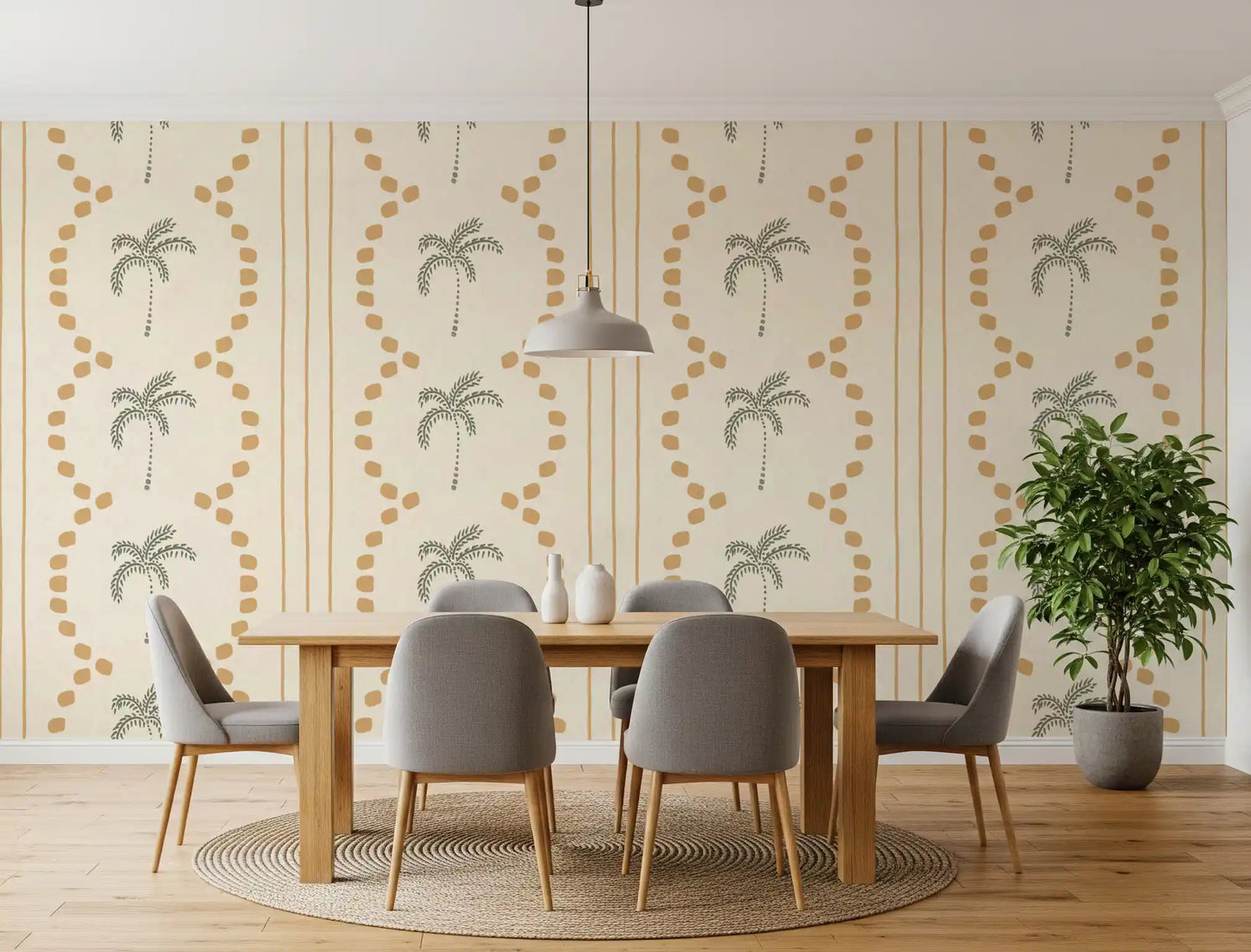 Bright dining room interior upgraded by the Tropical Palm Deco Stripes Sand Wallpaper.