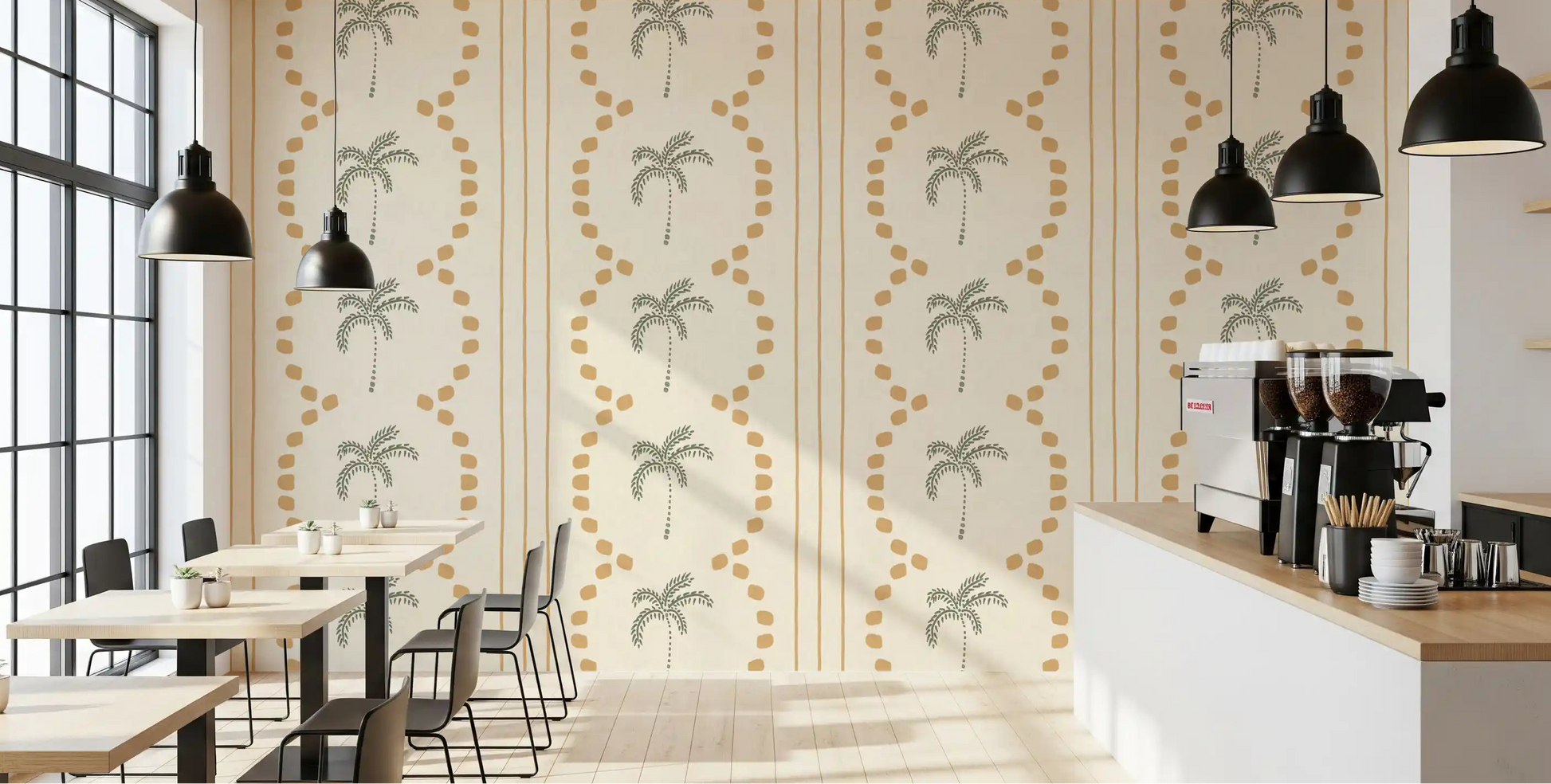 Tropical Palm Deco Stripes Sand Wallpaper applied in a bright commercial cafe setting.