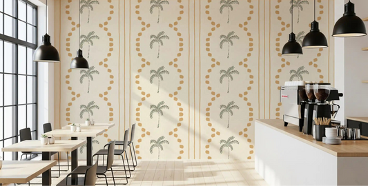 Tropical Palm Deco Stripes Sand Wallpaper applied in a bright commercial cafe setting.