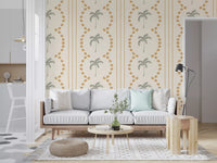 Modern living room layout enhanced by the striped sand and green tropical wallpaper.