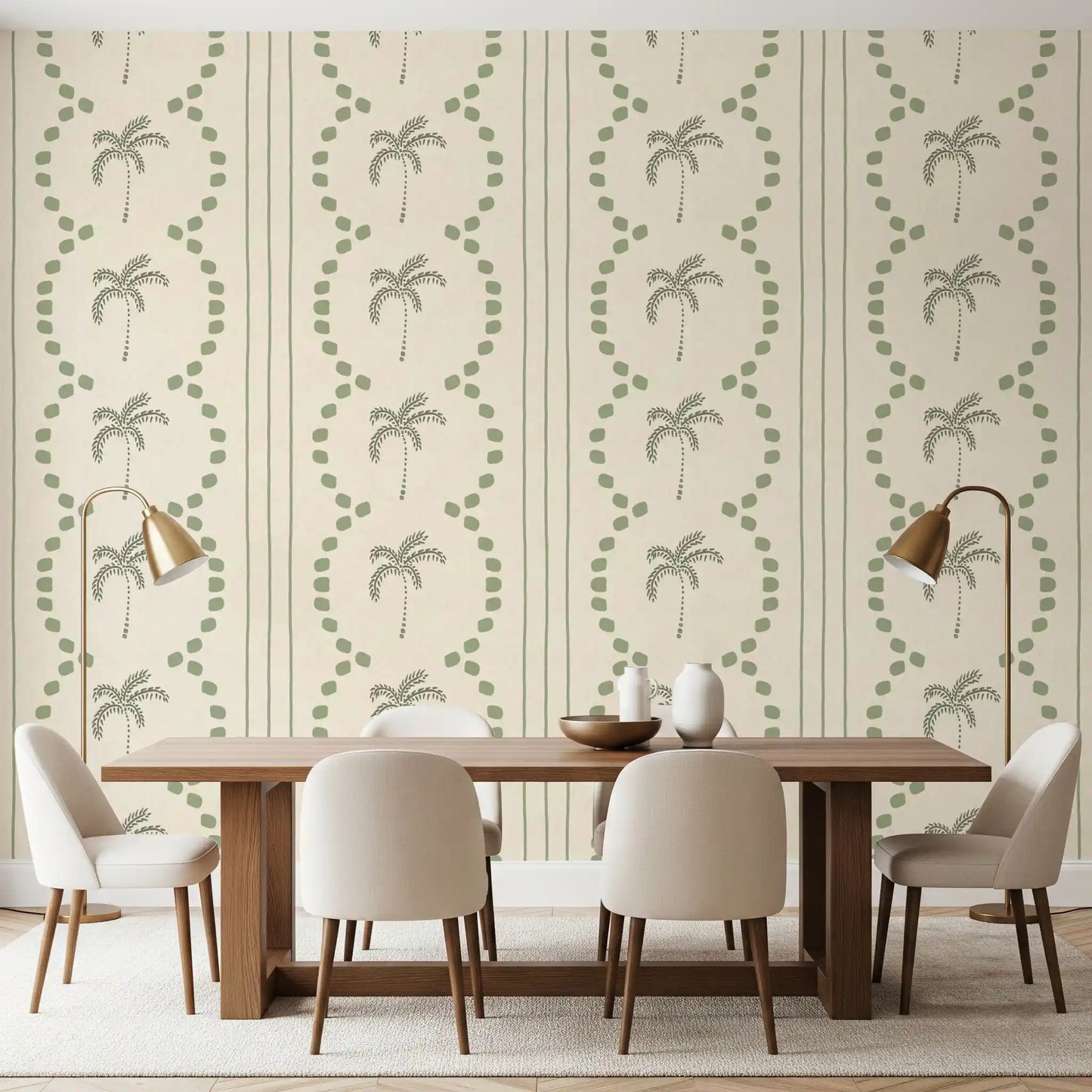 Surface view of the Tropical Palm Deco Stripes Costal Wallpaper