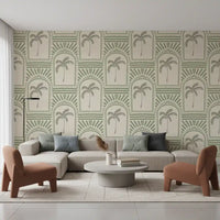 View of the Tropical Palm Art Deco Archways Costal Green Wallpaper pattern.
