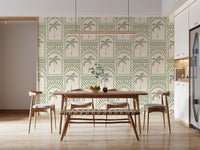 Cozy Dining room interior displaying a geometric green Costal wallpaper motif.