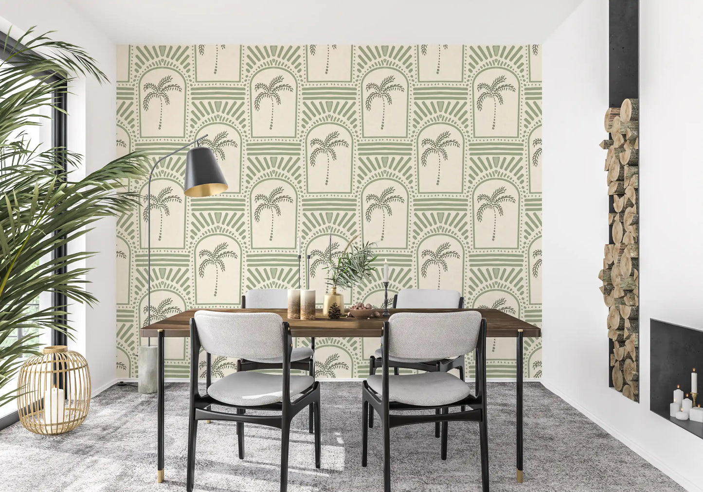 Botanical layout in the Tropical Palm Art Deco Archways Costal Green Wallpaper.