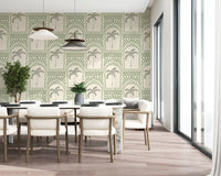 Minimalist Dining room accented by a retro palm tree wallpaper background.