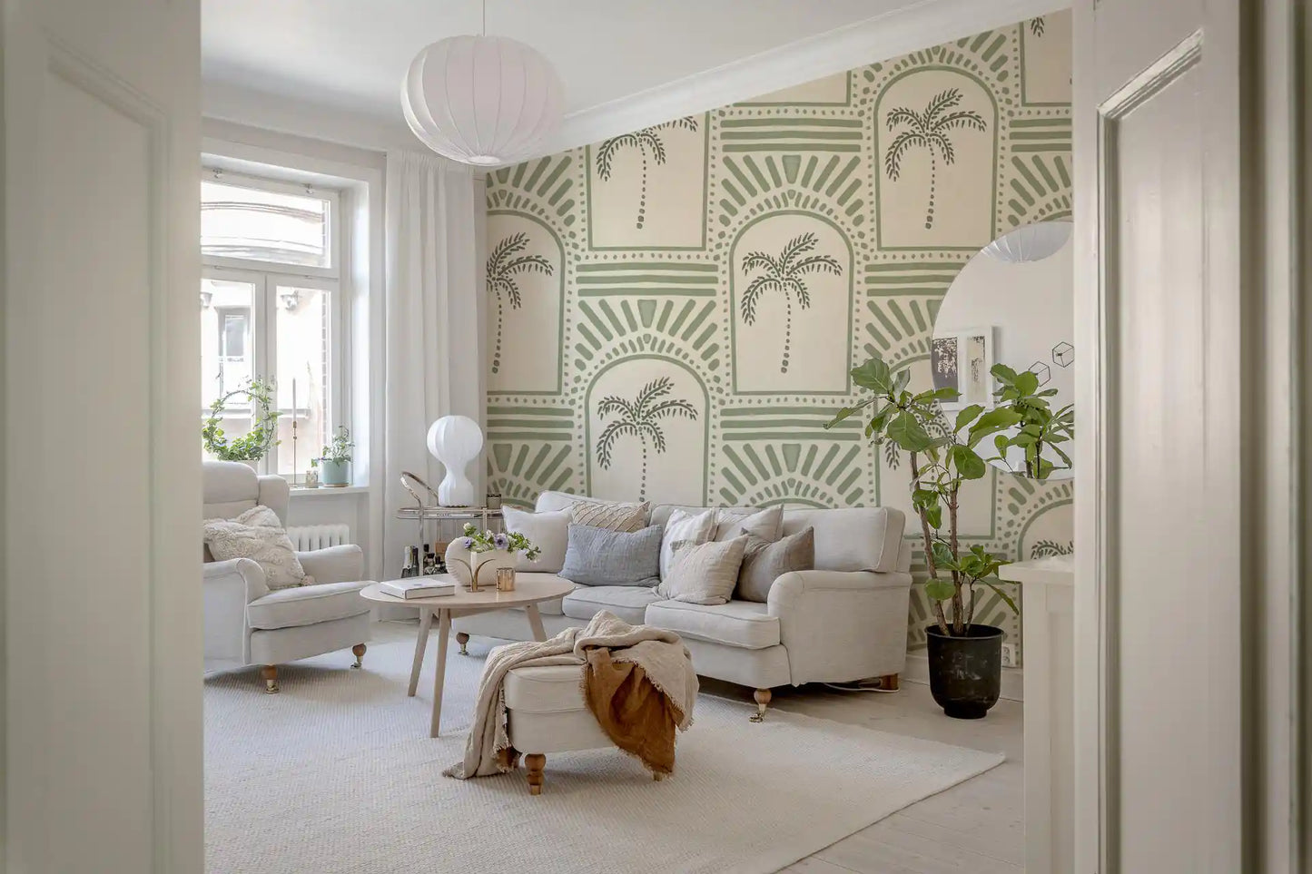 Geometric elements within the Tropical Palm Art Deco Archways Costal Green Wallpaper.