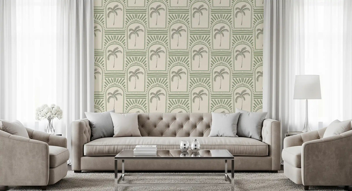 Bright Living room containing the Tropical Palm Art Deco Archways Costal Green Wallpaper.