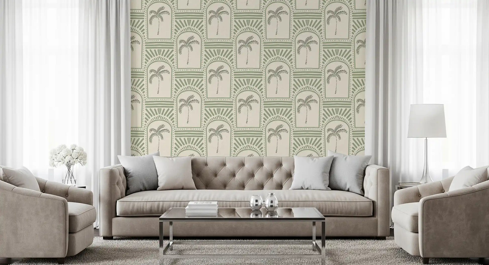 Bright Living room containing the Tropical Palm Art Deco Archways Costal Green Wallpaper.