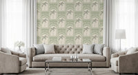 Bright Living room containing the Tropical Palm Art Deco Archways Costal Green Wallpaper.