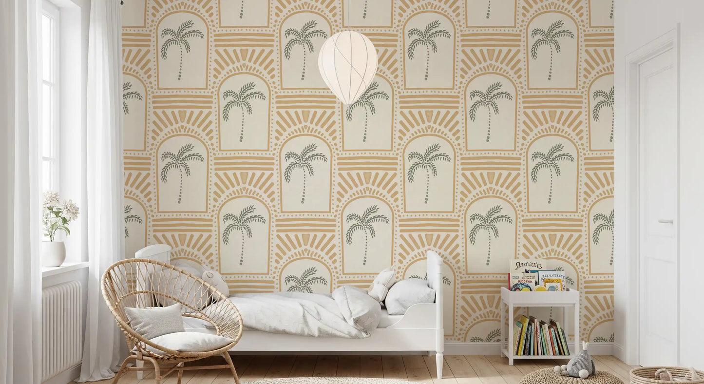 Tropical Palm Art Deco Archways Sand Wallpaper⁠