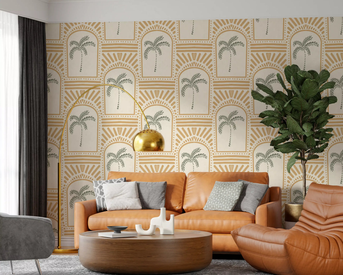 Tropical Palm Art Deco Archways Sand Wallpaper⁠