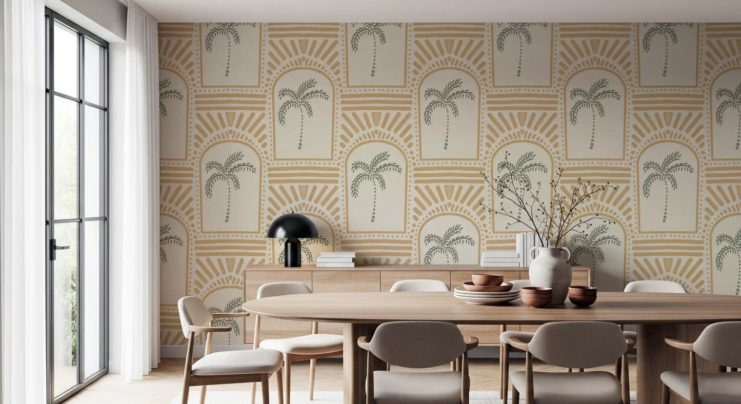 Tropical Palm Art Deco Archways Sand Wallpaper⁠