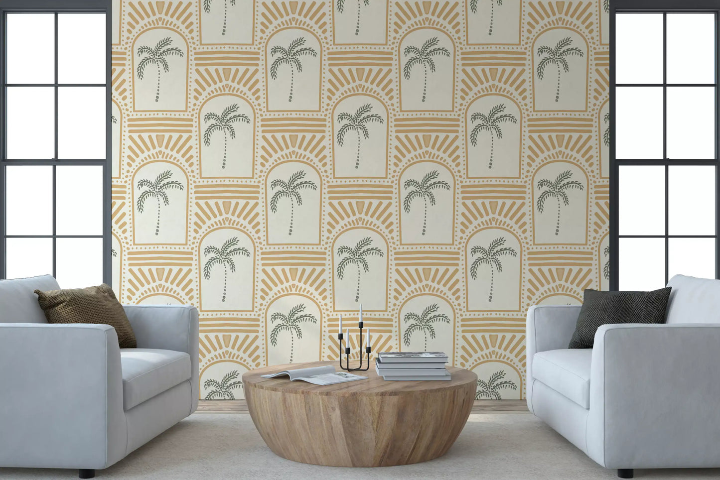 Tropical Palm Art Deco Archways Sand Wallpaper⁠